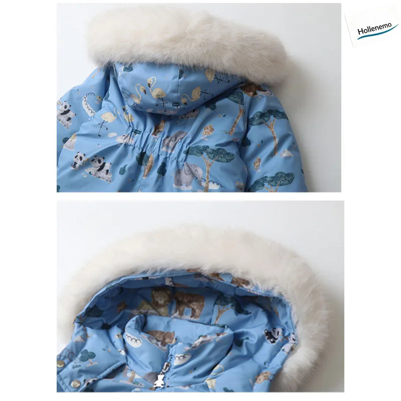 Baby Hooded One‑Piece Snowsuit Faux Fur Trim Windproof Waterproof Animal Print Warm Winter Zipper Jumpsuit Romper For Boys Girls