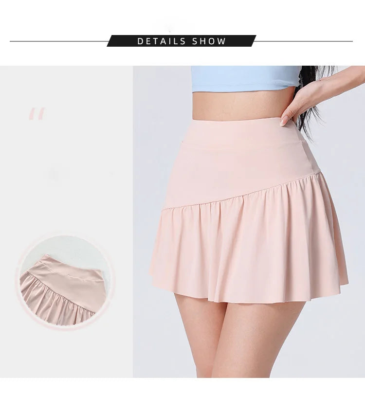 Women High Waist Asymmetrical Tennis Skirt Built-in Shorts Quick Dry Breathable Workout Running Sports Mini Skort
