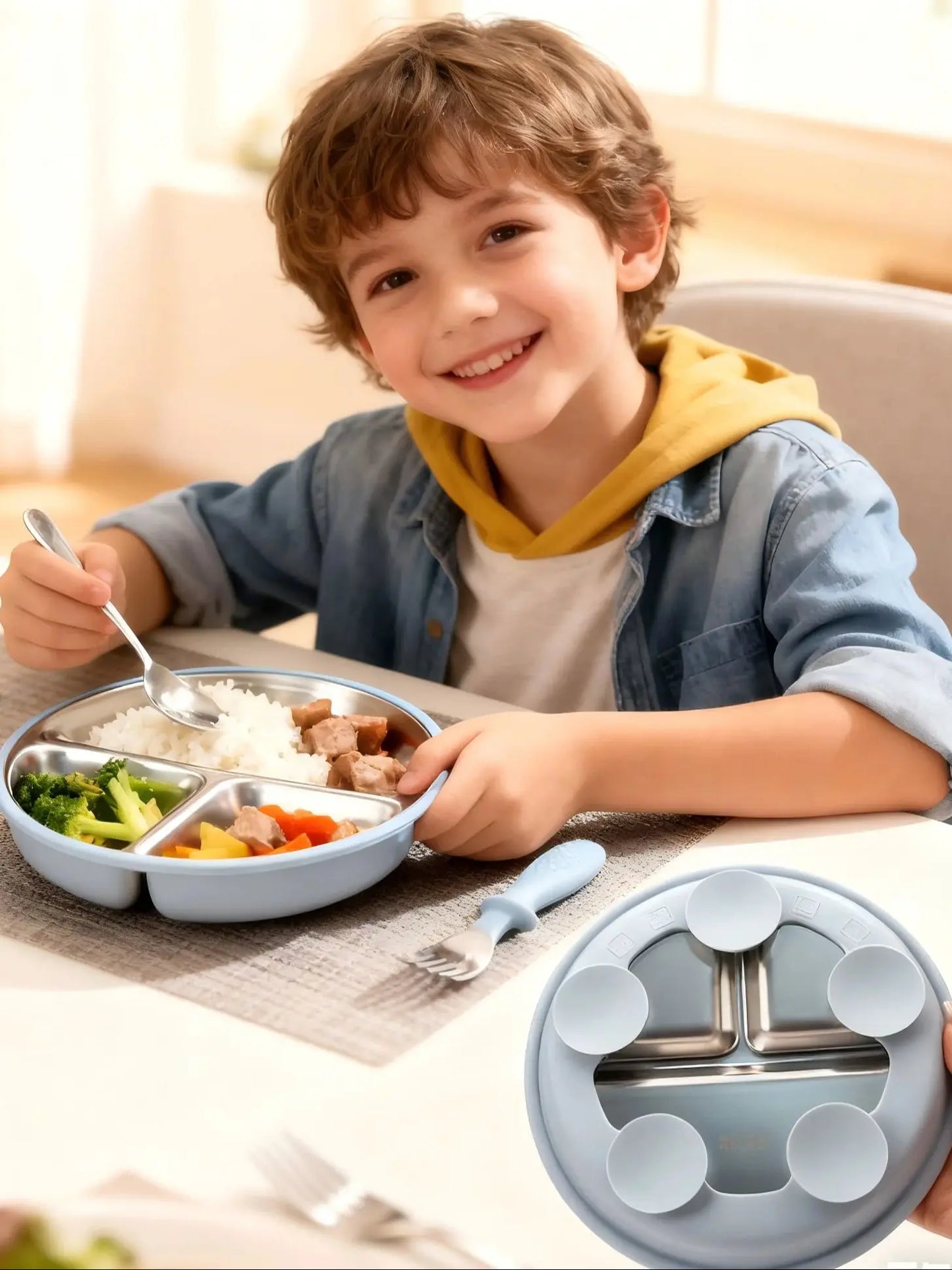 3-pack stainless steel cutlery tray, baby feeding tray, removable suction cup, BPA-free silicone baby training spoon