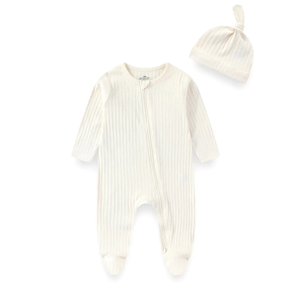 2 Pieces Solid Color Romper+Hat 2-way Zipper Cotton Baby Girl Clothes 0-12M Spring Newborn Baby Boy Clothes Sets Winter