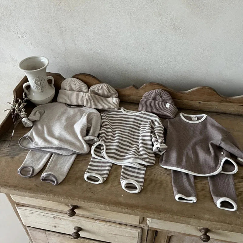 Korean Autumn Baby's Sets 2024 Toddler Casual Set Loose Kids Waffle Sweater Pants Two-piece Set Boys Clothes Suit