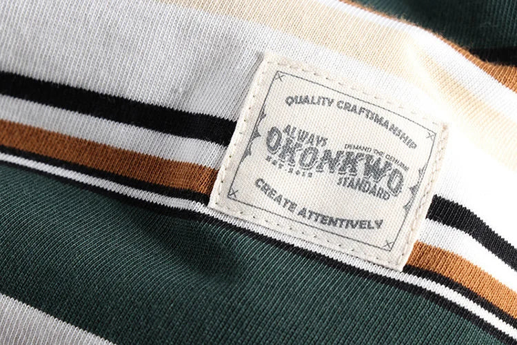 Summer Splicing Pure Cotton Stripe Short Sleeve T-shirt Streetwear Amekaji Heavyweight Casual Male Round Neck Tshirt Tops Tee