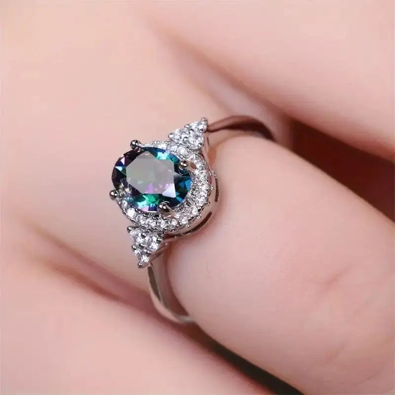 925 Sterling Silver Elliptical Colorful Zircon Elegant Sense Exquisite Vacation Style Ring Trendy  Bridal Wedding Accessories