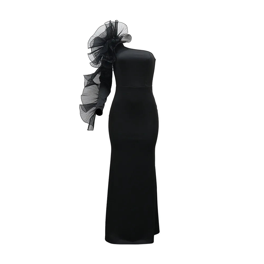 One Shoulder Long Dress Women Elegant Party Dresses Ruffles Sleeve Bodycon Evening Summer Dresses Female Birthday Dress HWY1896