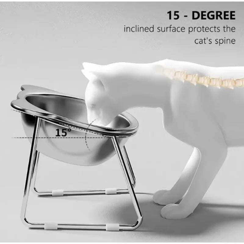 Premium 304 Stainless Steel Raised Cat Bowl with 15° Tilt Neck Guard Shatterproof Healthy Feeding for Senior Cats Kitten Puppy