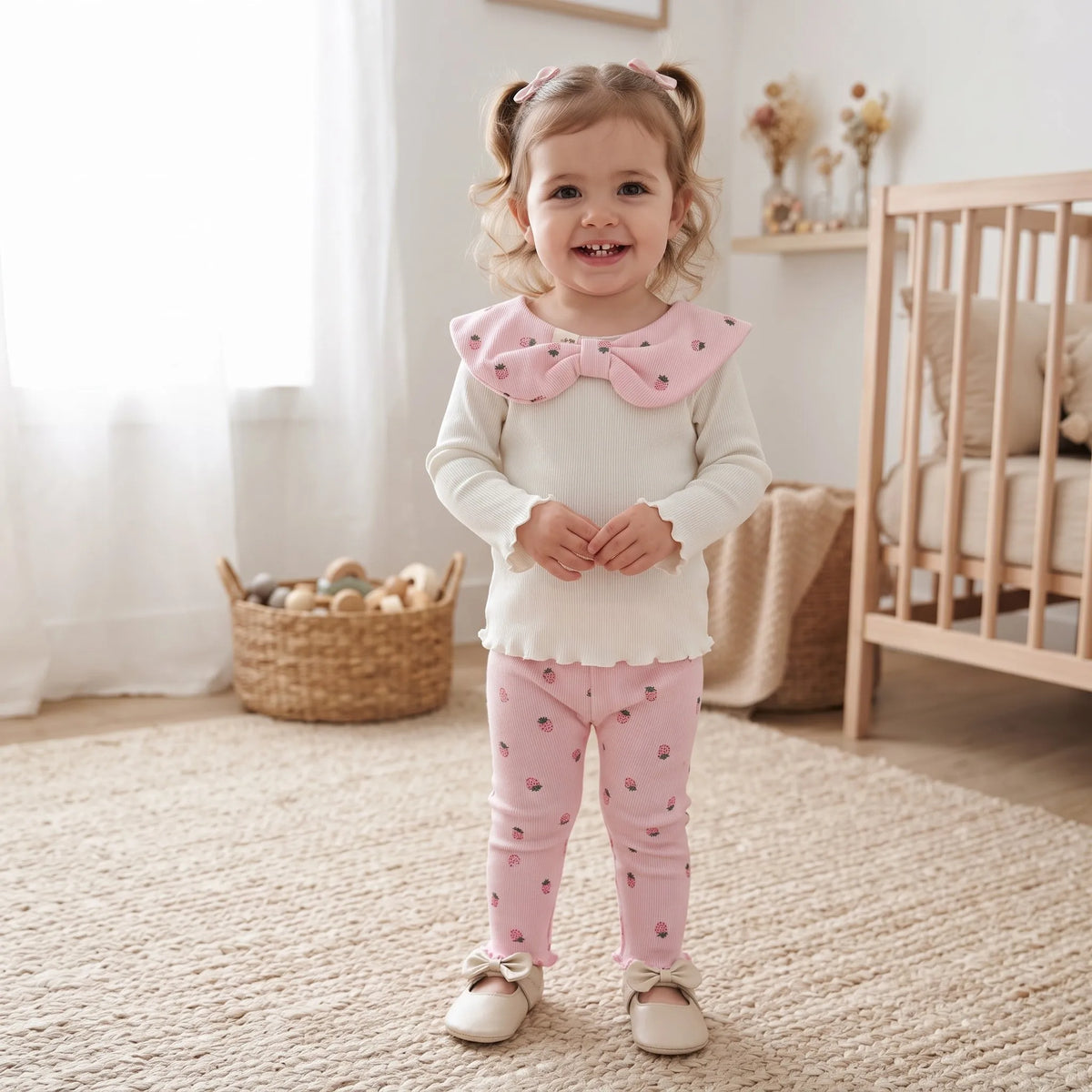 Baby Girls Strawberry Print Bow Collar Set, Infant Ribbed Long Sleeve Top & Strawberry Ruffle Leggings 2Pcs Outfit