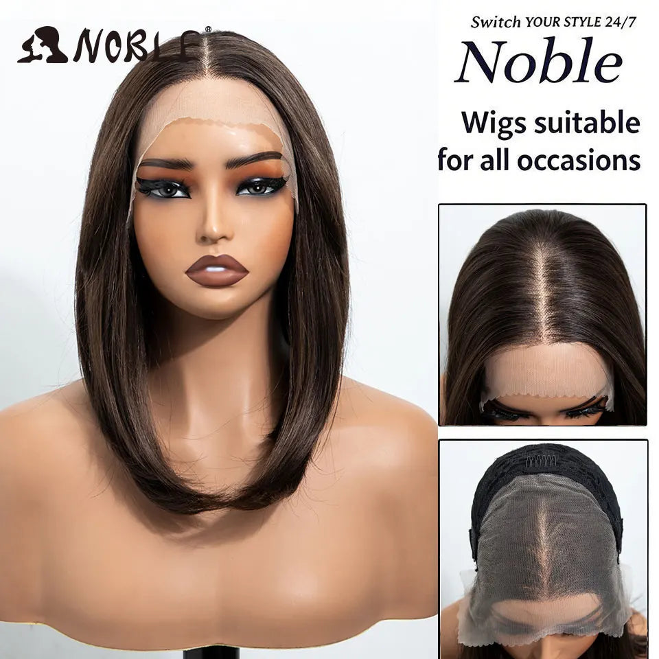Noble 13x4 Synthetic Lace Front Wigs For Women Short Bob Wig With Bangs Pre Plucked Hairline Heat Resistan Ombre Blonde Lace Wig