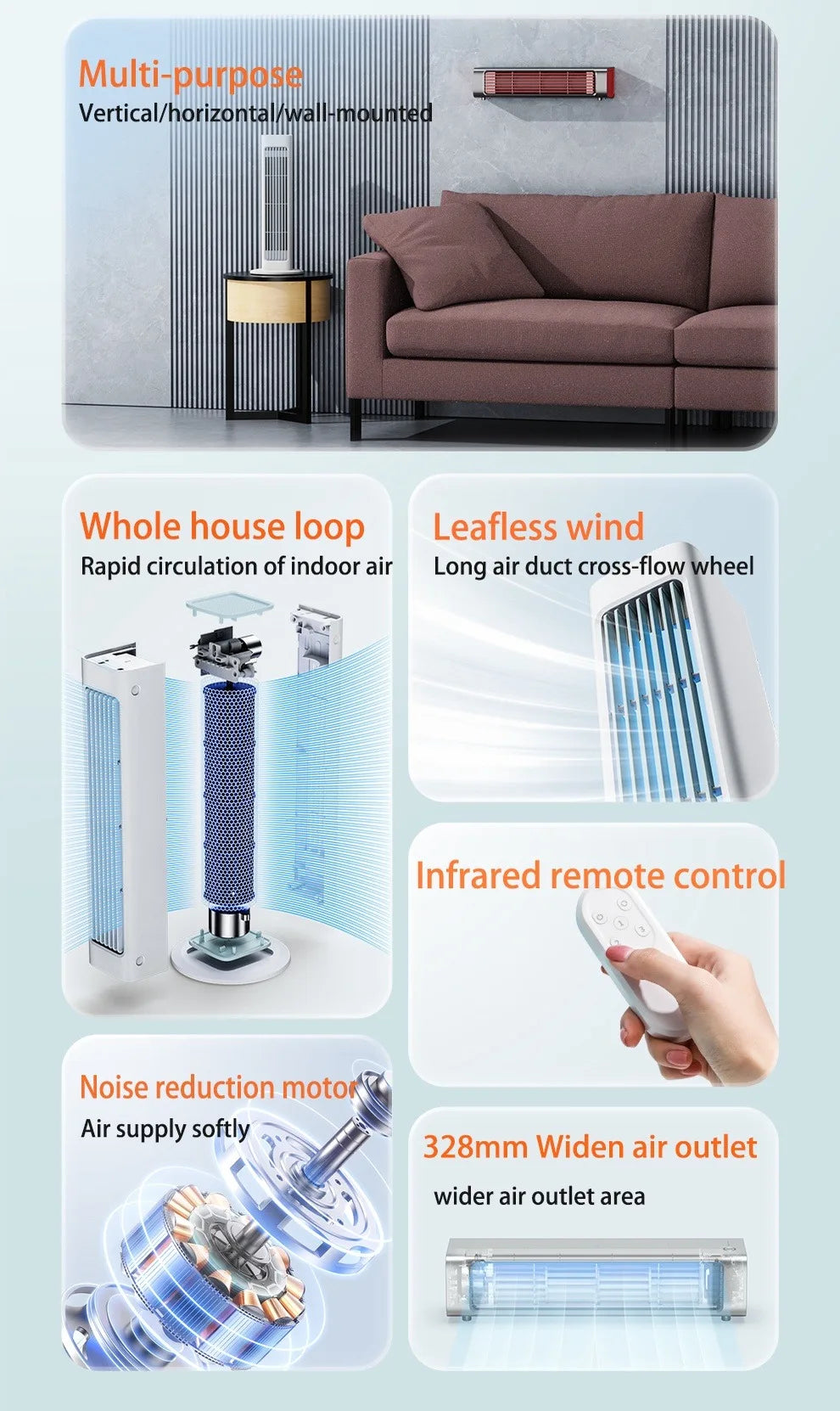 Eary Wall-mounted Fan with Remote Control Summer Strong Fan Bladeless Tower Airflow Cooling Air Conditioner Fan for Desk Kitchen