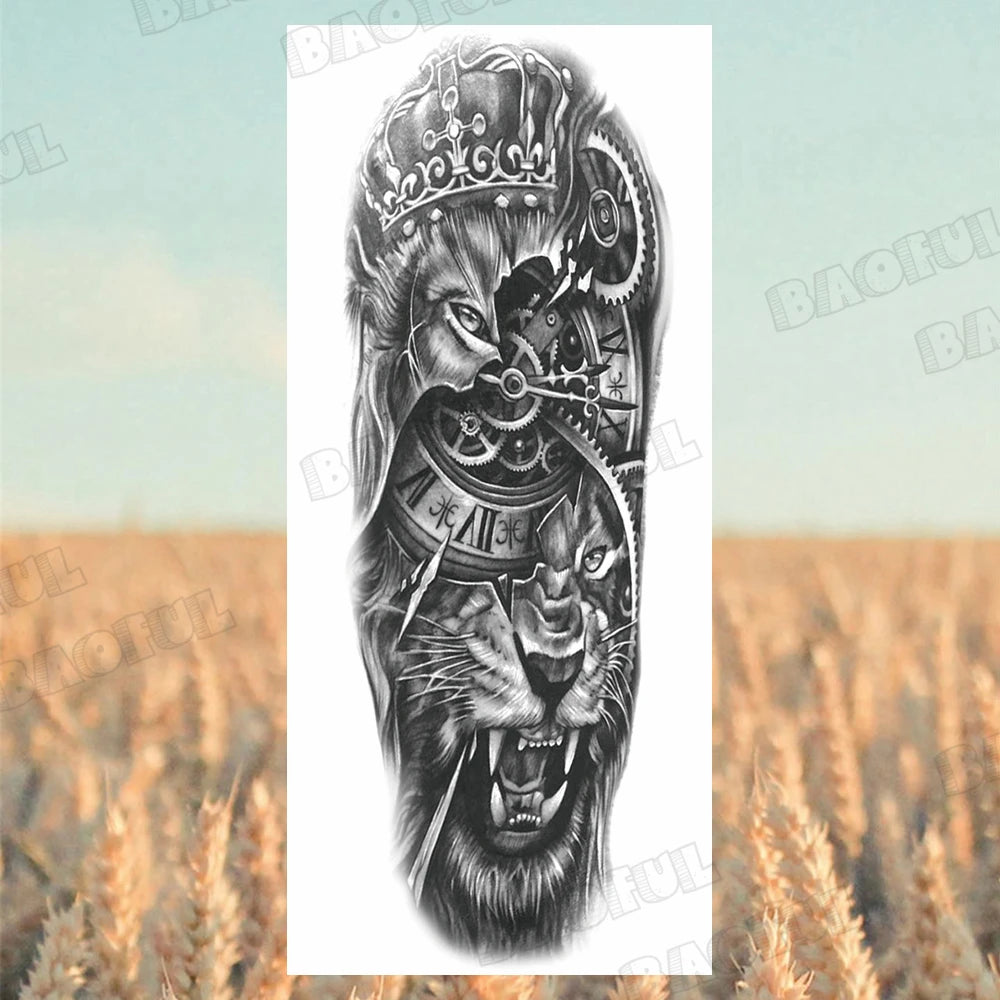 BAOFUL Full Arm Sleeve Temporary Tattoos For Women Men Realistic Wolf Lion Warrior Maori Fake Tattoo Stickers Thigh Leg Tatoos