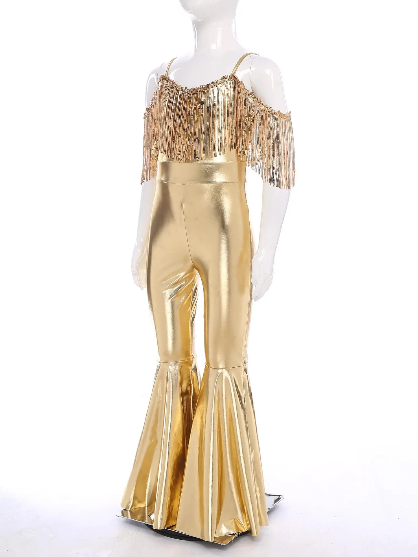 Shiny Halloween Hippie Costume for Kid Girls Sleeveless Sequins Tassels Disco Outfit 70s 80s Prom Flare Jumpsuit Party Costume
