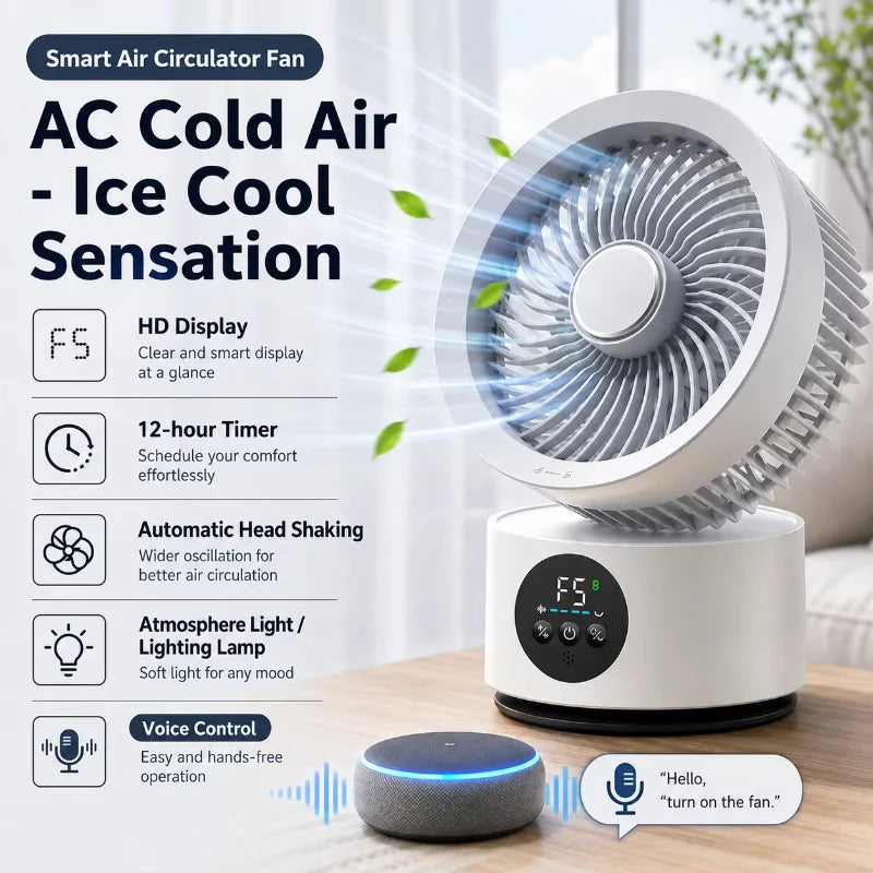 Portable Air Circulation Fan Smart Voice Remote Control USB Rechargeable Desktop Wall-Hanging Shaking Head Fan with Nightlight