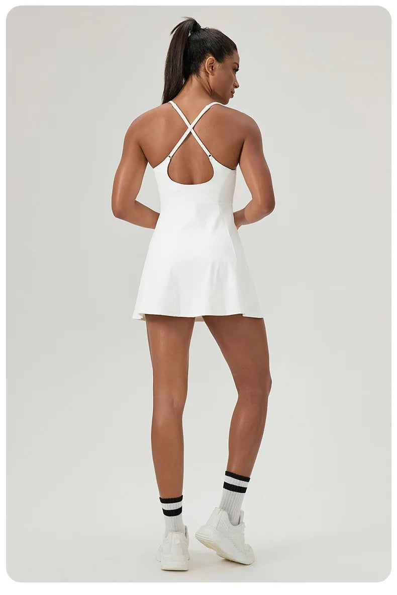 European and American summer fitness one-piece tennis skirt with chest pad women's quick-drying sports dress running skirt 52166