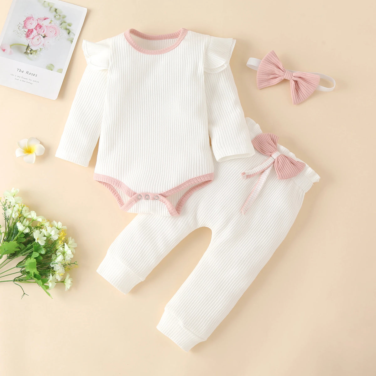 3Pcs Baby Girl Outfit Set Newborn Toddler Kids Clothing Set Baby Girls Lace Ruffles Cotton Bodysuit +Pants+Headband Clothing