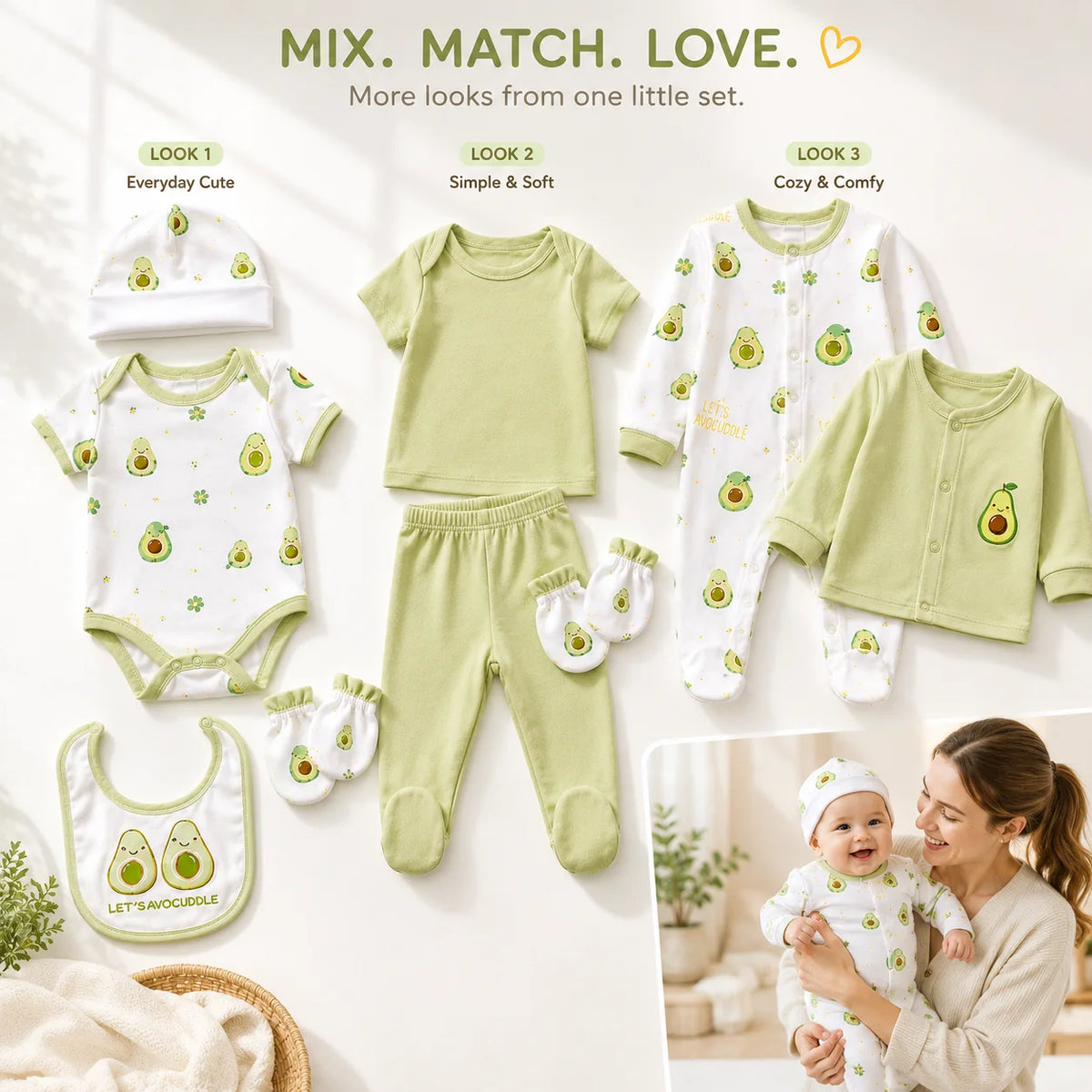 8Pcs Newborn Baby Clothes Set 100% Cotton Avocado Print Bodysuit Romper Cardigan Pants Bib Hat Mittens Infant Outfit 0-6M