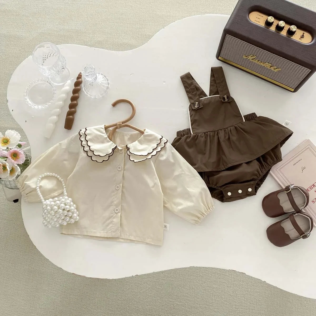 8761 Baby Clothing Set Spring 2024 New Girl's Suit Sleeveless Suspenders Skirt Short+Doll Collar Shirt Sweet Two Piece Suit
