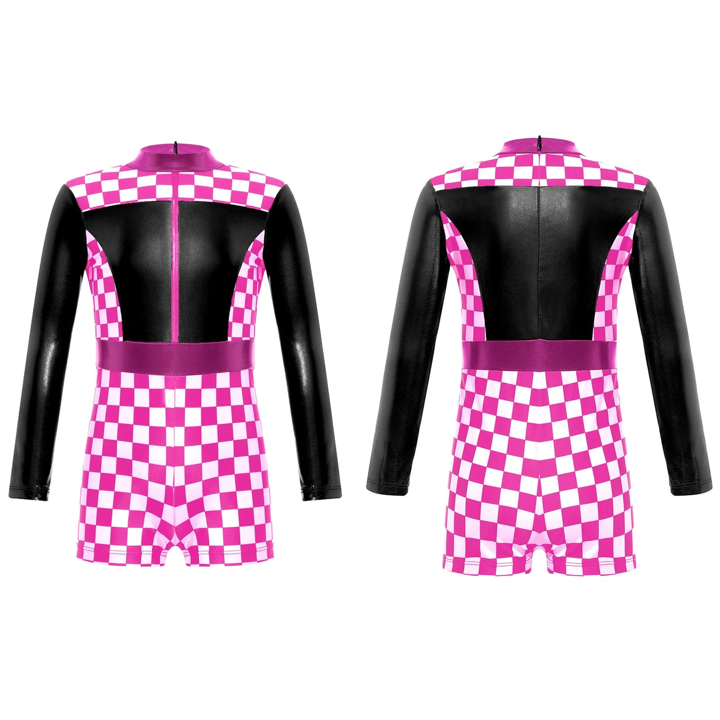 Kids Girls Checkerboard Racer Costume Halloween Car Driver Cosplay Leotard Dress with Tulle Skirt Themed Party Driving Roleplay