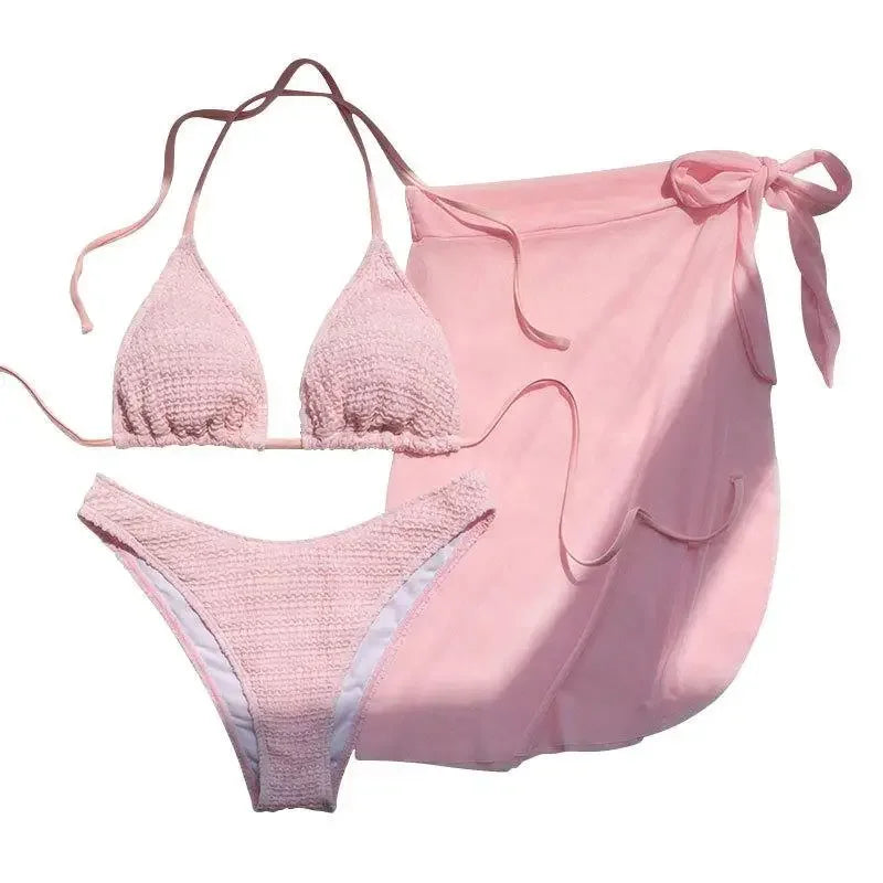 Pink Solid Color 3-piece Swimsuit Women 2026 Summer Beach Skirt Bikini V-neck Halter Backless Bathing Suit Summer Beach Swimwear