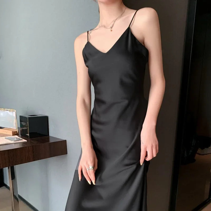 Silk V-neck Slim-fit Satin Dress Sexy Strap Long Gown for Women New 2025 Spring Summer Inner Wear Dress Elegant Lady Dress