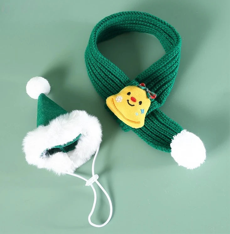 Christmas Cat Dog Scarf Hat Pet Wool Scarf Snowflake Ball Knitted Red and Green Bell Snowman Tree Cat Accessories