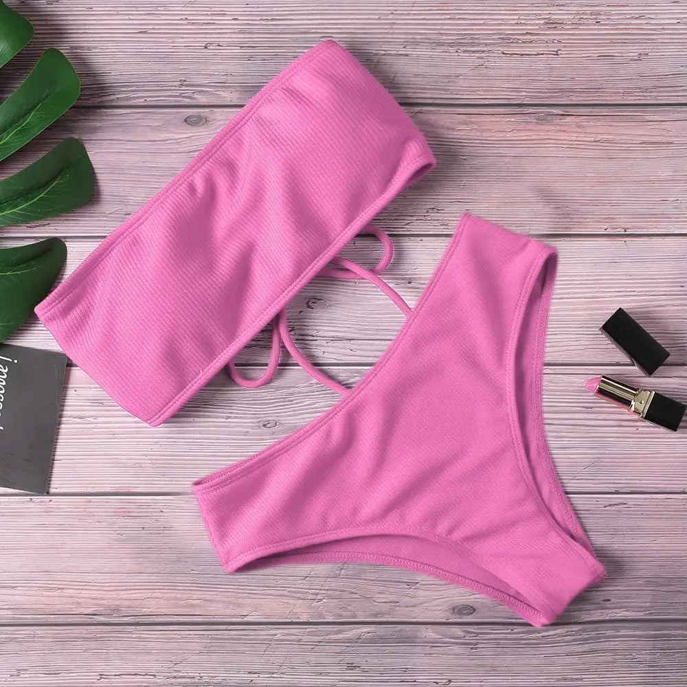 Solid Color Strapless Bikini Set Backless Sexy Swimsuit High Waist Adjustable Women Swimwear Summer