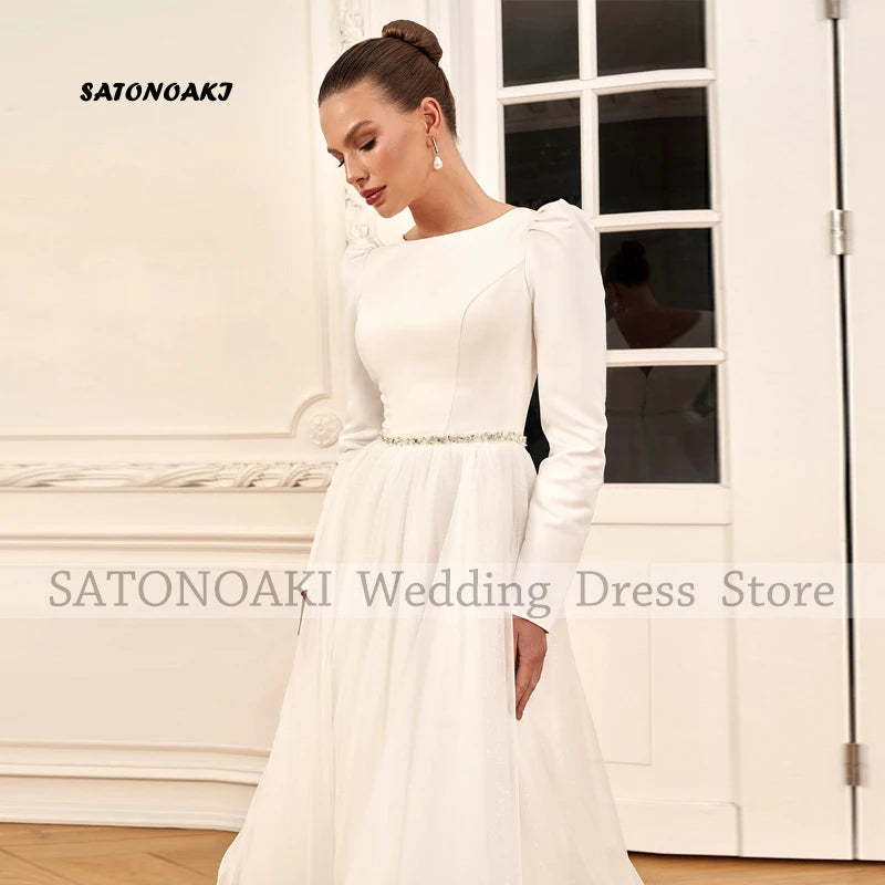 Customized Elegant Simple Puff Sleeve Ivory Satin Short Wedding Dress for Women Tea Length Backless Bride Gown Vestidos De Novia