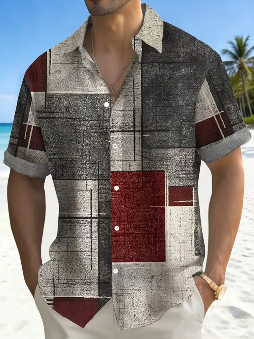 Men's Shirt Geometric Grid 3D Print Short Sleeve Shirts Summer Hawaiian Shirt Casual Outdoor Vacation Lapel Shirt Men's Clothing
