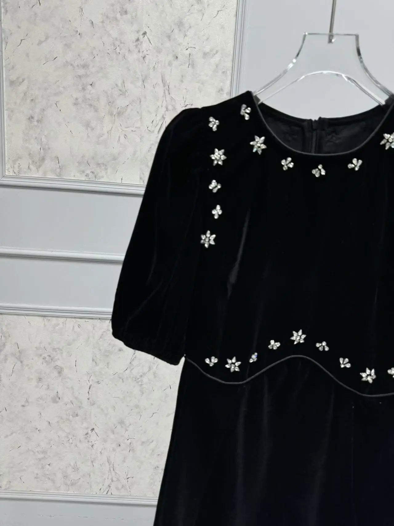 Handmade Nail Beaded Women Velvet Midi Dress Puff Sleeve Slim Waist Female Elegant Evening Dresss Spring Summer