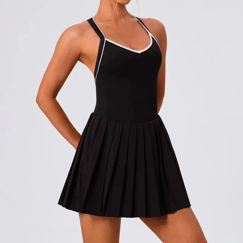 Women's Pleated Tennis Dress with Shorts Moisture-wicking Badminton Dress with Chest Pad Athletic Sports Outfit