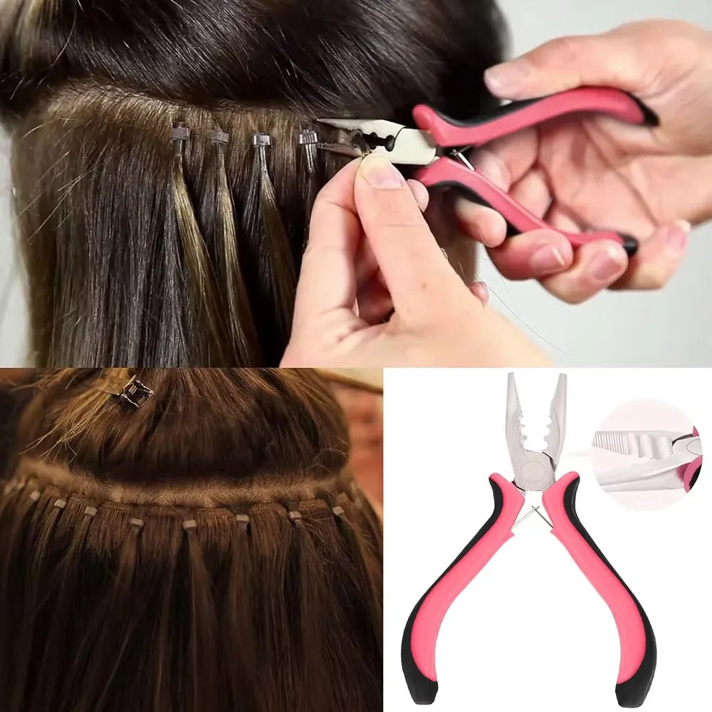 Mini Pink 3 Holes Hair Extensions Plier For Feather/Micro Nano Ring Hair Extensions Opener and Removal Tool Straight Nose Pliers