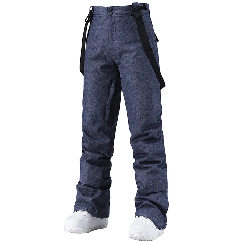 style denim ski pants suspenders denim ski pants men's skating snowboard waterproof, windproof and warm ski pants