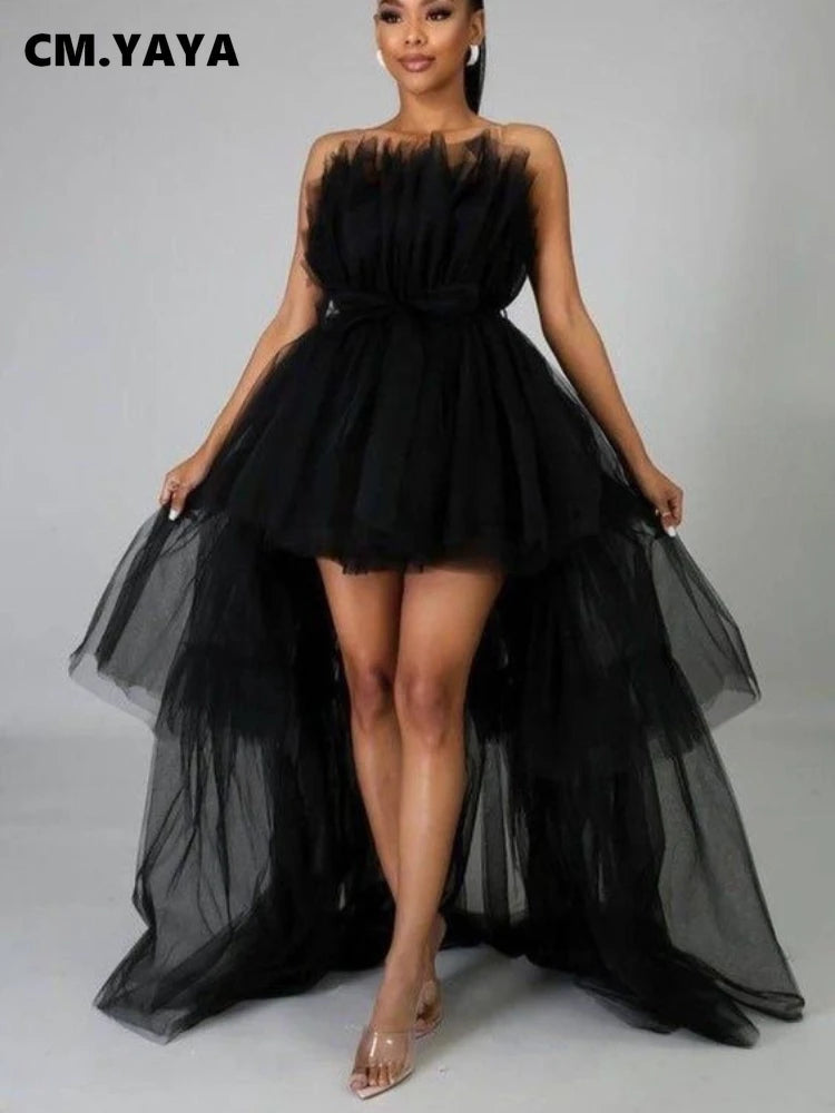 CM.YAYA Women Strapless Mesh Ball Gown High Low Irregular Cocktail Dress 2023 Autumn Vestidos Sexy Party Even Dresses