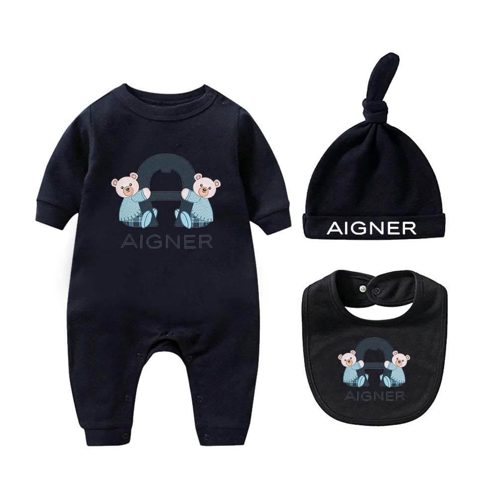 Popular bear jumpsuit, newborn autumn clothing hot selling, soft bib scarf hat, toddler jumpsuit set, baby long sleeved jumpsuit