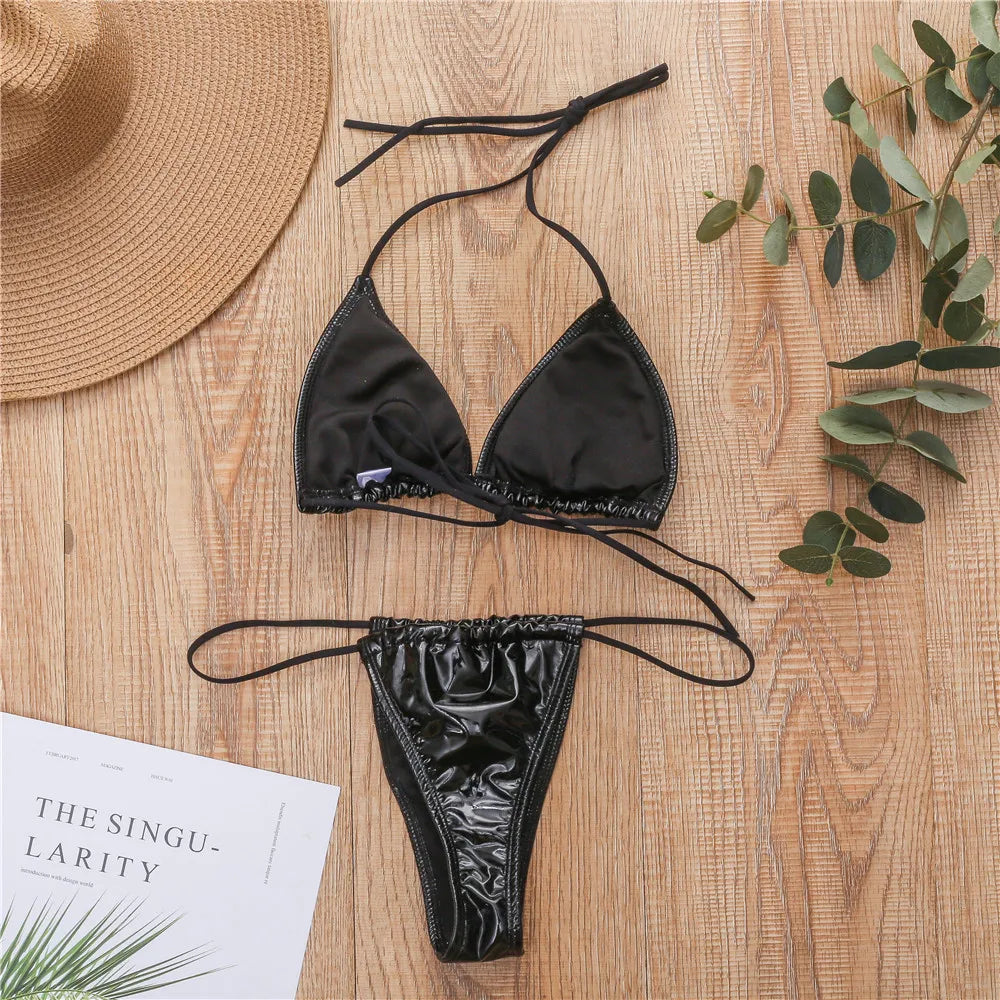 Shiny PU Mini Micro Bikini 2025 Women Swimsuit Female Brazilian Swimwear Two Pieces Bikini Set High Cut Bathing Suit Swim Lady
