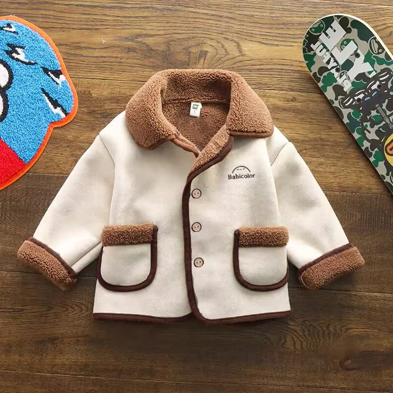 Baby Boys Girls Suede Sherpa Lined Jacket Kids Lapel Warm Coat Single Breasted Pocket Autumn Winter Toddler Outerwear