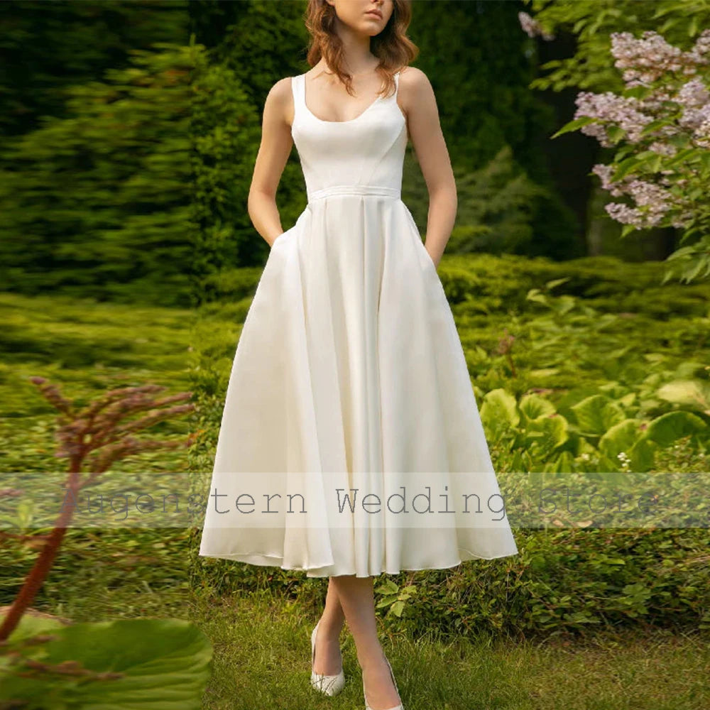 2025 Elegant Midi Wedding Dresses Satin A-line Modern Engagement Dress Ivory Square Neck Pocket Ruched Anniversary Bridal Gown