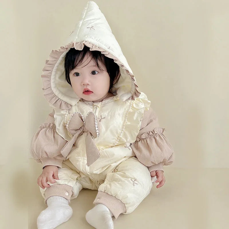 2025 New Baby Winter Rompers Thick Cotton Hooded Jumpsuit Cozy Infant Bowknots Ruffle Outerwear for Newborns (0-24 Months)