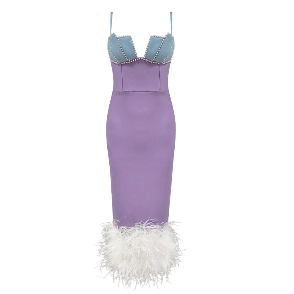 VC Ladies Feather Bead Spaghetti Straps Pearls Backless Fashion Bandage Midi Elegant Party Cocktail Dress Vestidos