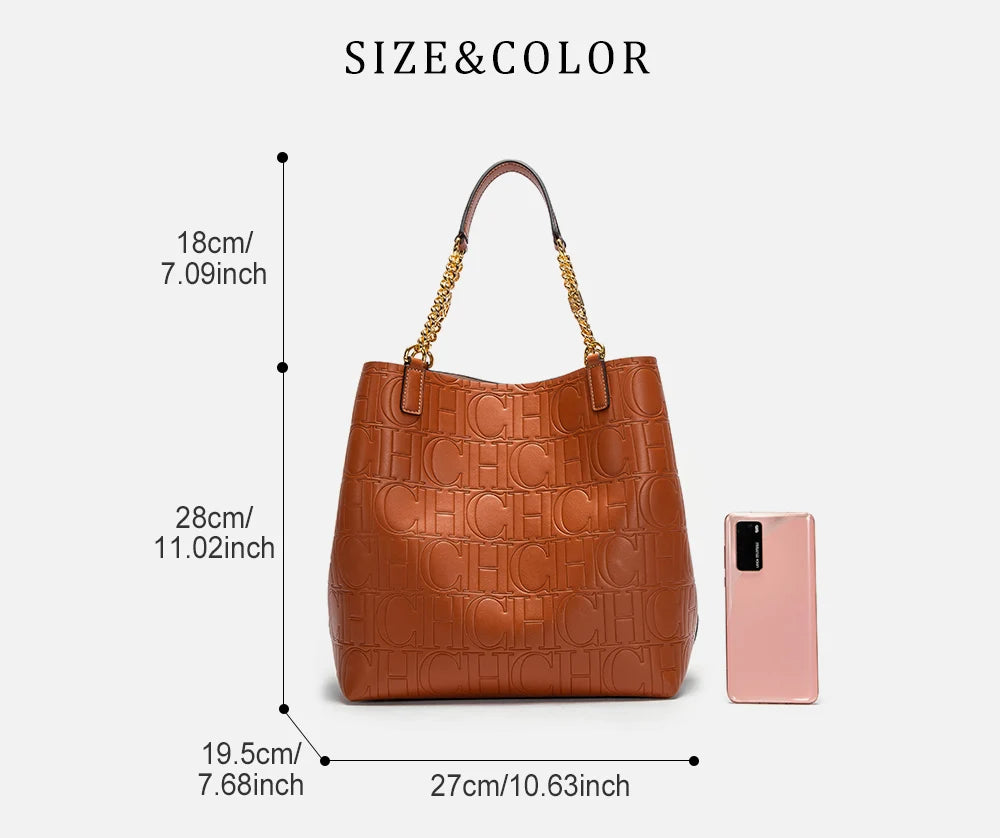 CH Tote Bag For Women Luxury Designer Handbag Fashion Embossed Leather Shoulder Bag Elegant Gold Chain Tote Bag For Daily Use