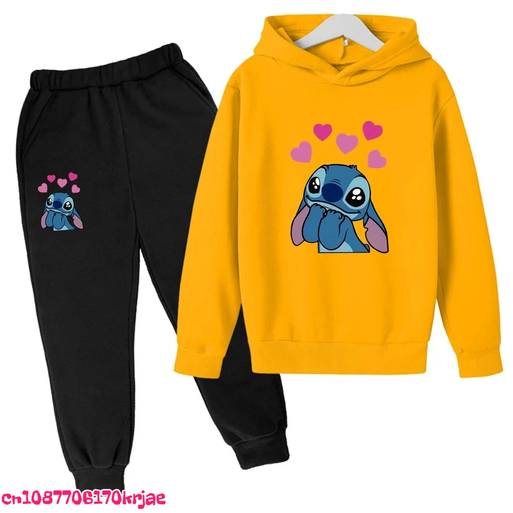 2025 Stitch Children's Hoodie Clothing Leisure Outerwear Black Sweatshirt +pants Set Suitable 3-12 Years Boys Girls Gift Spring