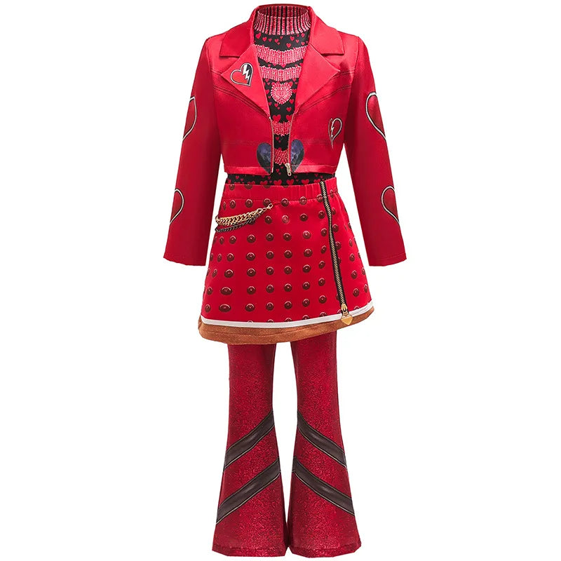 2026 New Movie Cosplay Outfit Girls Red Heart Printed 4Pcs Dress Set Jacket+Top+Skirt+Pants Halloween Costume Descendant Cosplay