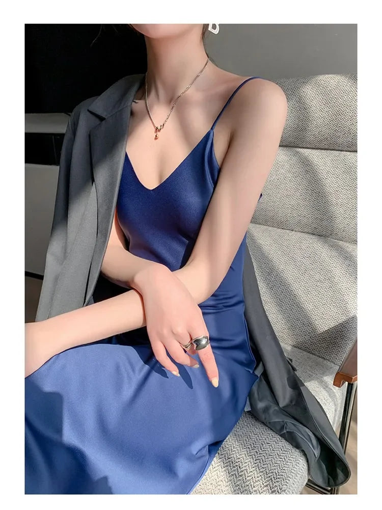 Silk V-neck Slim-fit Satin Dress Sexy Strap Long Gown for Women New 2025 Spring Summer Inner Wear Dress Elegant Lady Dress