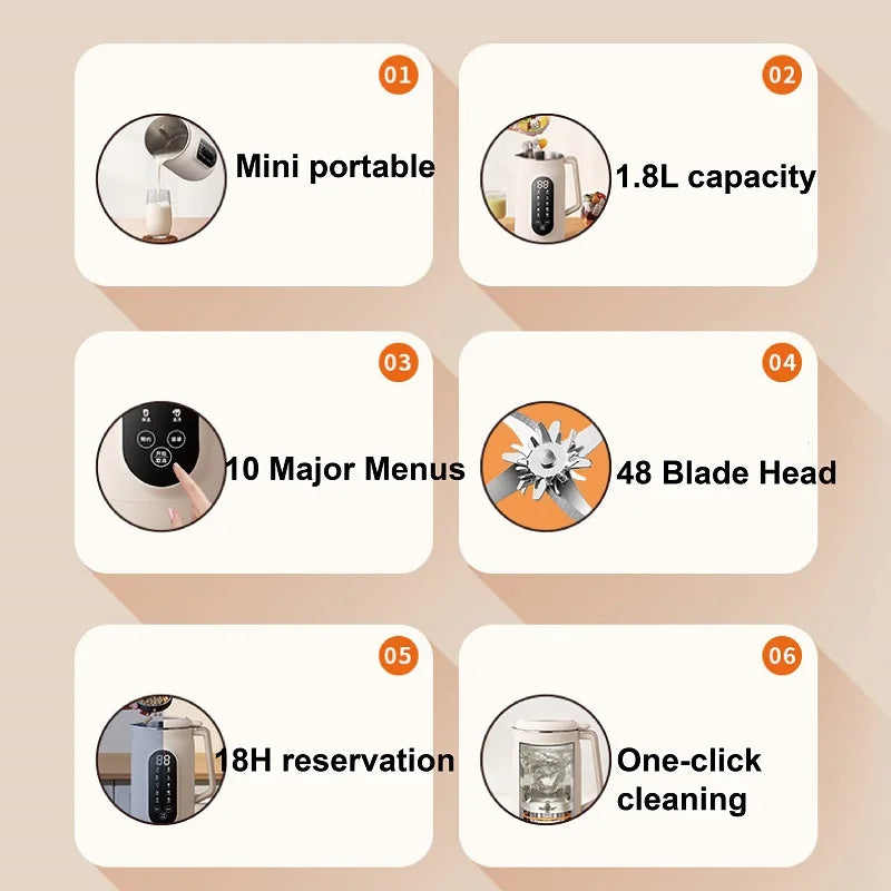 1.8L Soy Milk Machine 18h Appointment Filter-free Wall Breaking Machine Mixer Home Electric Juicer Multifunctional Food Process