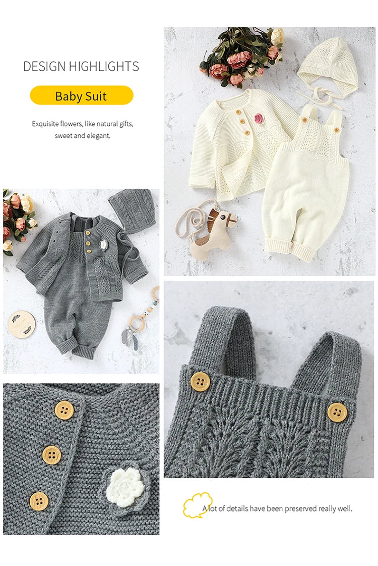 Baby Romper Set Knit Autumn Newborn Girl Boy Long Sleeve Coat Jumpsuit Outfit Hat 3PC Fashion Solid Infant Clothing Suit Sweater