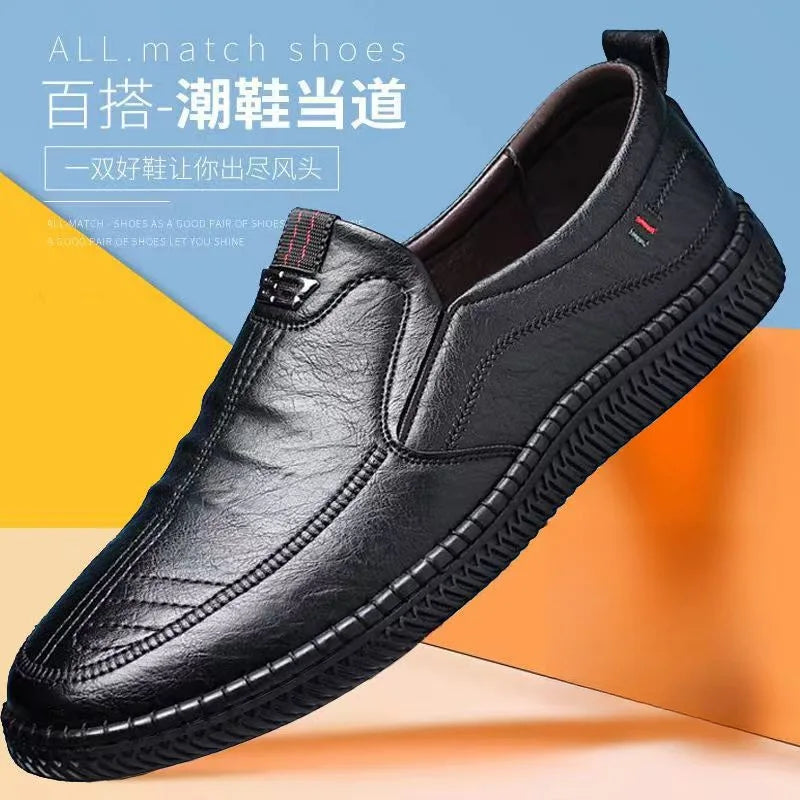 Men's Casual Thick Bottom Soft Sole Leather Shoes Dad Style Versatile Low Top Spring Autumn Season Breathable Slip-On Shoes