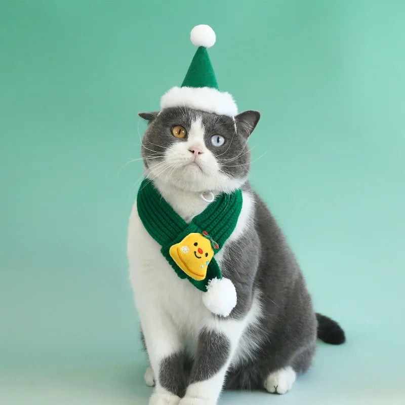 Christmas Cat Dog Scarf Hat Pet Wool Scarf Snowflake Ball Knitted Red and Green Bell Snowman Tree Cat Accessories
