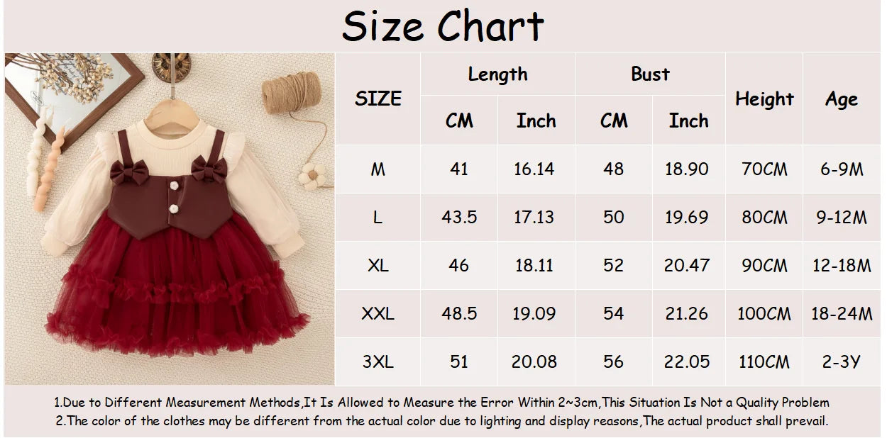 Baby Girl Dress Fall/Winter Bow-Trim Tulle Long-Sleeve Girl Dress Adorable Christmas Baby Dress Baby Girl Clothing