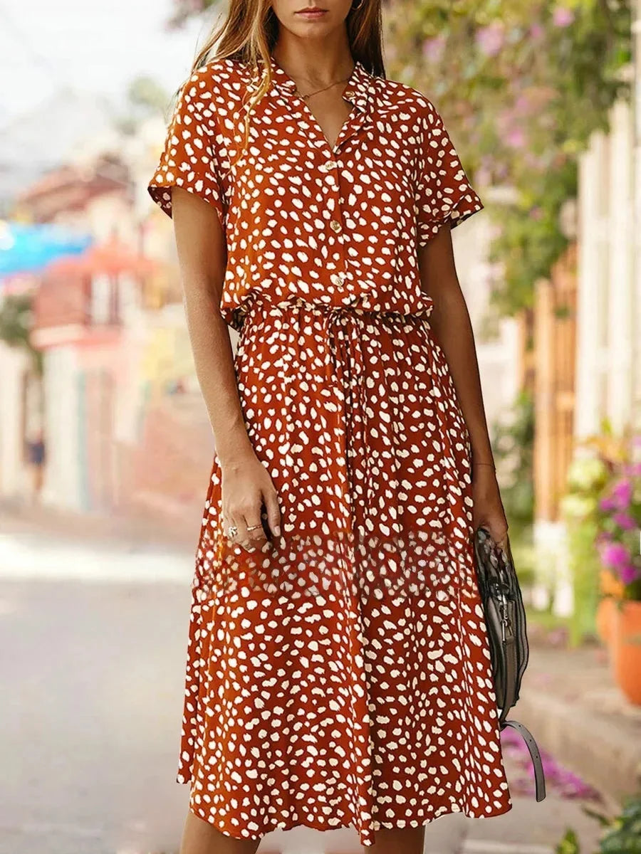 New Fashion Women's Polka Dot Print Short Sleeve Midi Dress Cotton Summer New Arrival Knee-Length Stand Collar Regular Waist