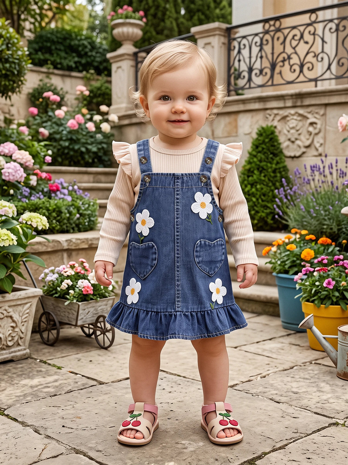 Baby Girl Fall Winter Outfit Fly Long Sleeve T Shirt Sleeveless 3D Flower Denim Dress 2Pcs Set
