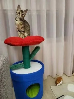 Red Flower Potted Cat Tree with Integrated Cat Bed Below Medium-Sized Cat Tree (Suitable for Cats Under 15 lbs)