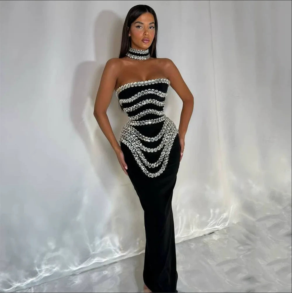 2025 New Spring Women Sexy Strapless Big Crystal Bodycon Long Bandage Dress Celebrate Evening Party Fashion Cocktail Dress